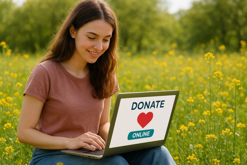 Een foto gemaakt met kunstmatige intellegentie. Op deze foto zie je een meisje met een laptop die zogenaamd een donatie doet.