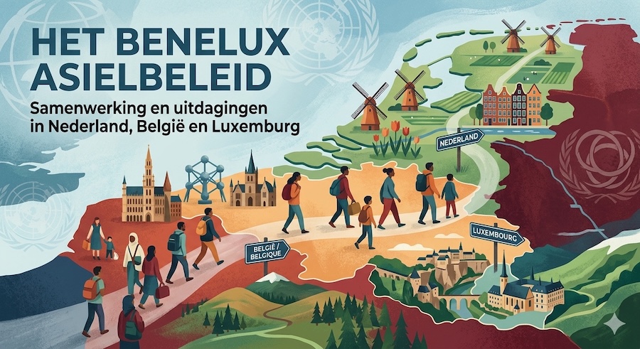 Dit is een foto gemaakt met kunstmatige intellegentie. Op deze illustratie zie je een vluchtelingenstroom naar België, Luxemburg en Nederland