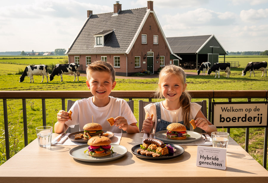 Een foto gemaakt met kunstmatige intellegentie. Je ziet een boerderij ergens in Nederland. Op de voorgrond een jongen en een meisje die hybride hamburgers en gerechten eten.